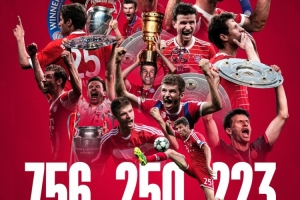 开云中国-拜仁社媒致敬穆勒：拜仁生涯756场250球223助，33座冠军奖杯